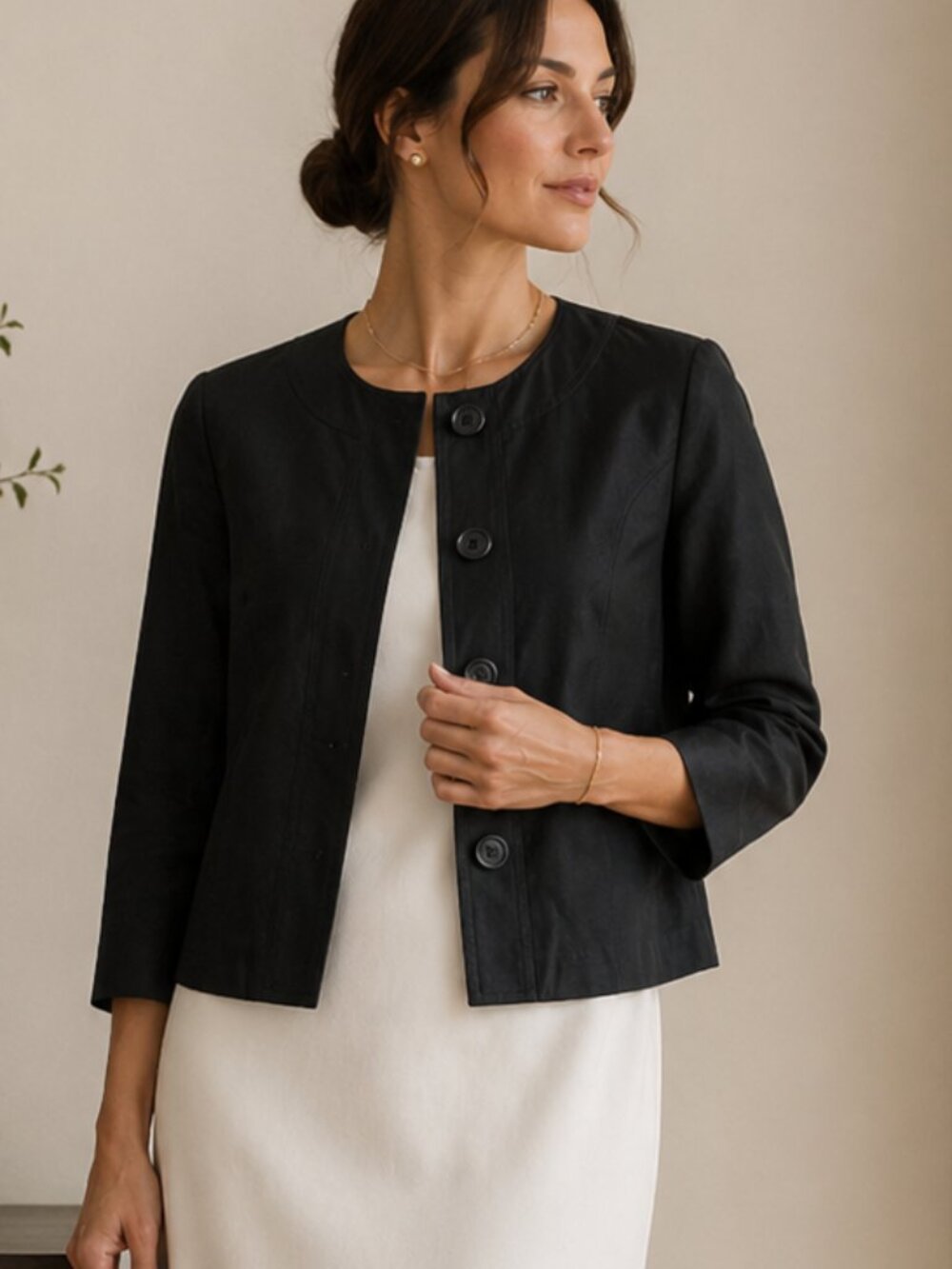 Coldwater Creek 100% Silk Jacket Black Minimalist Blazer Cropped Elegant Size 12